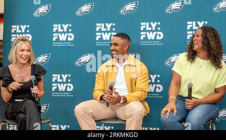 Philadelphia, Pennsylvania, USA. 25th Aug, 2023. August 25, 2023,  Philadelphia PA-USA: COLLEEN WOLFE, NFL network host, JALEN HURTS, Philadelphia  Eagles QB and LAILA ALI, hall of fame boxer, speaking on a panel