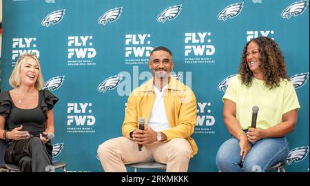 Philadelphia, Pennsylvania, USA. 25th Aug, 2023. August 25, 2023,  Philadelphia PA-USA: COLLEEN WOLFE, NFL network host, JALEN HURTS, Philadelphia  Eagles QB and LAILA ALI, hall of fame boxer, speaking on a panel