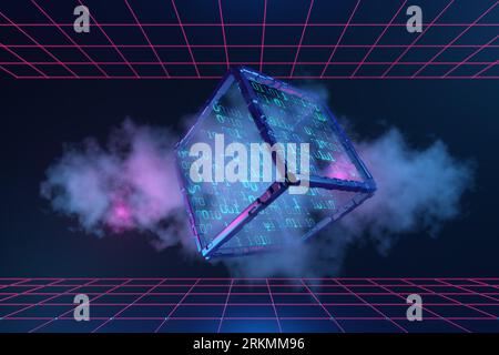 cloud technology concept. artificial intelligence, cube with numbers. Blockchain technology cubed. Big data. Cube with binary numbers in the cloud. 3D Stock Photo