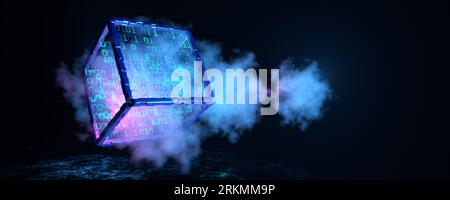 Blockchain technology cubed. Artificial intelligence, cube with numbers. Big data. Cube with binary numbers in the cloud. Cloud technology concept. 3D Stock Photo