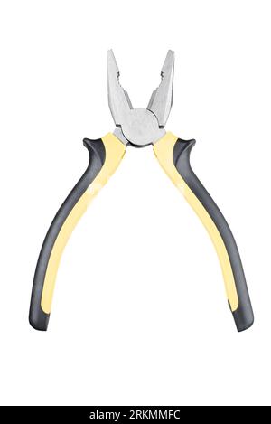 Yellow open pliers isolated on white background. Pliers for repairing appliances. Hand tool pliers. Stock Photo