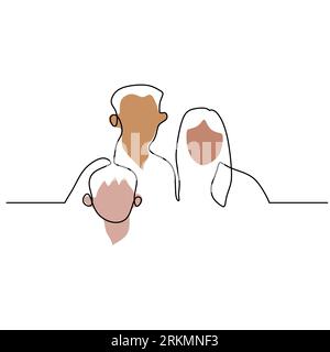 Continuous one single line of mother, father and their son isolated on white background. Stock Vector