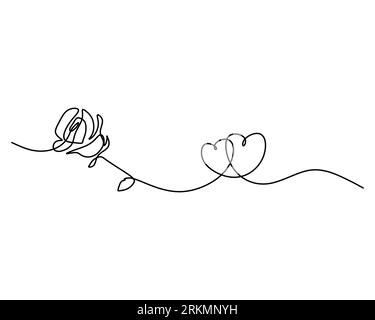 One continuous single line of rose flower and two hearts love shaped isolated on white background. Stock Vector