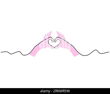 One continuous single line of two hand make heart pose with fingers for valentine day isolated on white background. Stock Vector