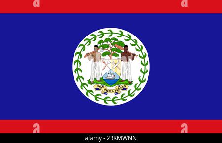 The official current flag and coat of arms of Belize. State flag of Belize. Illustration. Stock Photo