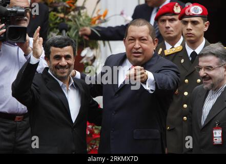 Bildnummer: 56849146  Datum: 09.01.2012  Copyright: imago/Xinhua (120110) -- CARACAS, Jan. 10, 2012 (Xinhua) -- In this image provided by the Venezuelan Presidency Office, Venezuelan President Hugo Chavez greets his Iranian counterpart Mahmoud Ahmadinejad at the Miraflores Palace in the city of Caracas, capital of Venezuela, on Jan. 9, 2012. President Mahmoud Ahmadinejad visited Venezuela on Monday, kicking off his Latin American tour which also includes Nicaragua, Cuba and Ecuador. (Xinhua/Venezuelan Presidency Office) VENEZUELA-CARACAS-IRANIAN PRESIDENT-VISIT PUBLICATIONxNOTxINxCHN People Po Stock Photo