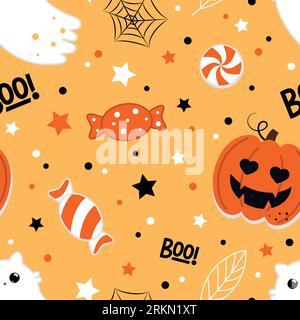 Halloween seamless pattern. Vector illustration of cute ghost cats, pumpkins and candies on an orange background. Vector cartoon seamless pattern. Stock Vector