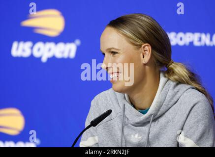 Flushing Meadow, USA. 25th Aug, 2023. Caroline Wozniacki of Denmark speaks at a press conference in Arthur Ashe Stadium at the 2023 US Open Tennis Championships in at the USTA Billie Jean King National Tennis Center on Friday, August 25, 2023 in New York City. Photo by John Angelillo/UPI Credit: UPI/Alamy Live News Stock Photo