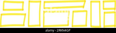 Grunge style yellow box frames and rectangles created with brush lines. Sketchy square borders and stamp effects, sketched. Flat vector illustration Stock Vector