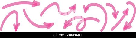 Hand drawn pink arrows with spirals and curves. Brush and markers doodle elements, pointing up. Flat vector illustration isolated on white background. Stock Vector