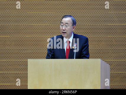 Bildnummer: 56983348  Datum: 29.01.2012  Copyright: imago/Xinhua (120129) -- ADDIS ABABA, Jan. 29, 2012 (Xinhua) -- UN Secretary General Ban Ki-Moon addresses the opening ceremony of the 18th African Union (AU) summit in Addis Ababa, capital of Ethiopia, Jan. 29, 2012. The 18th AU summit opened on Sunday in the Ethiopian capital of Addis Ababa, as African leaders gathered with the theme of Boosting Intra-African Trade. (Xinhua/Ding Haitao) (ybg) ETHIOPIA-ADDIS ABABA-18TH AU SUMMIT PUBLICATIONxNOTxINxCHN People Politik xjh x0x premiumd 2012 quer      56983348 Date 29 01 2012 Copyright Imago XIN Stock Photo