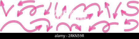 Hand drawn pink arrows with spirals and curves. Brush and markers doodle elements, pointing up. Flat vector illustration isolated on white background. Stock Vector