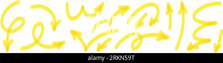 Hand drawn yellow markers arrows doodle set. Various sketch elements like pen, pencil, and brush highlights marks. Flat vector illustration isolated Stock Vector