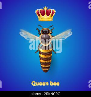 Realistic Bee Queen Mother with Golden Crown. Detailed