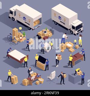 Relocation company and moving service isometric icons set with people relocating goods isolated vector illustration Stock Vector