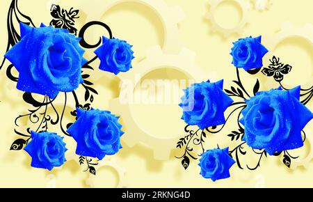 3d wallpaper blue rose flower and butterfly and swan beautiful design bubble background Stock Photo