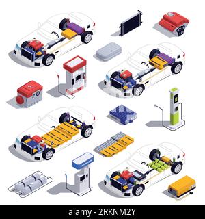Hybrid vehicles isometric infographics set with FCEV car parts vector ...