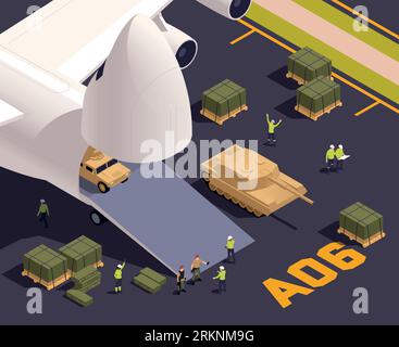 Air cargo isometric concept with military machines loading into aircraft vector illustration Stock Vector