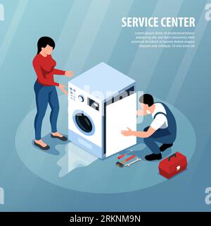 Service center for home appliances isometric background with craftsman disassembling broken washing machine vector illustration Stock Vector