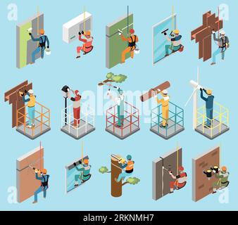 Height work isometric set of people working in field of industrial alpinism isolated vector illustration Stock Vector