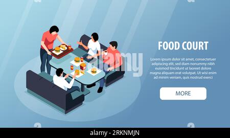 Food court horizontal banner with group of young people sitting together at table and eating fast food dishes isometric vector illustration Stock Vector