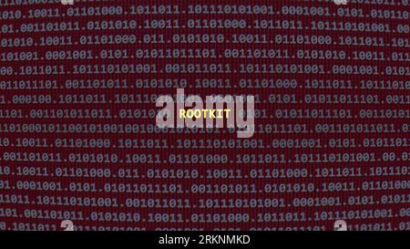 Cyber attack rootkit. Vulnerability text in binary system ascii art style, code on editor screen. Text in English, English text Stock Photo