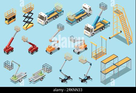 Lifting machinery for height work isometric set of scissors lifts engine powered booms high rise staircases isolated vector illustration Stock Vector