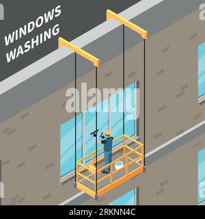 Cleaning service isometric background with stuff of industrial alpinism company washing skyscraper windows vector illustration Stock Vector