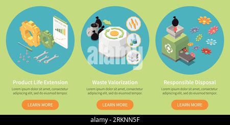 Sustainable manufacturing design concept set of product life extension waste valorization responsible disposal round compositions isometric  vector il Stock Vector