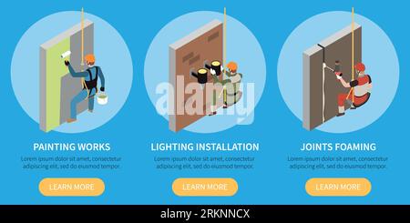 Industrial alpinism design concept set of three isometric compositions with male characters involved in painting works lighting installation joints fo Stock Vector