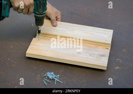 European red squirrel, Eurasian red squirrel (Sciurus vulgaris), build your own squirrel nesting box. Step 9: Screw the roof boards together Stock Photo