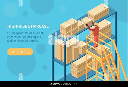 High rise staircase isometric banner illustrating with workman working in warehouse with top shelves workplace vector illustration Stock Vector