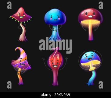 Colorful magic mushroom characters expressing various emotions cartoon set isolated on black background vector illustration Stock Vector