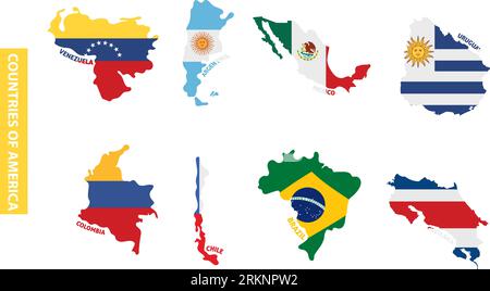 Set of colored latin american country maps with its flags Vector Stock Vector