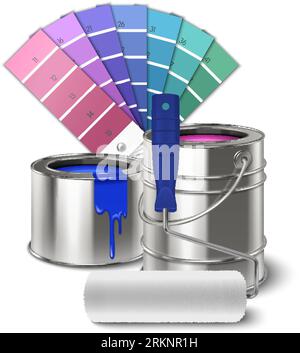 Painting tools realistic composition with palette metal cans of paint and clean white roller vector illustration Stock Vector