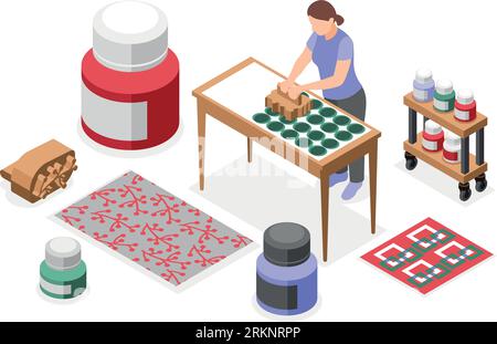 Fabric printing technologies isometric composition with female worker making hand drawn pattern on cloth vector illustration Stock Vector
