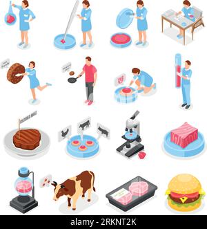 Artificial grown meat isometric icons set of scientists analyzing test tubes with cultured meat isolated vector illustration Stock Vector