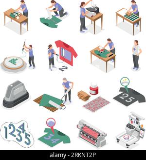 Fabric printing technologies isometric icons set of people creating designs on cloth using silk screen printing and dyeing machine isolated vector ill Stock Vector
