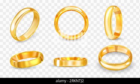 Realistic wedding ring set with six isolated views of shiny luxury golden ring from various angles vector illustration Stock Vector