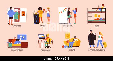 Student dormitory flat set of bedroom dinning workplace party private room bedtime compositions isolated vector illustration Stock Vector
