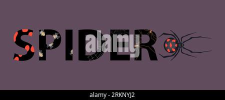 Spider insect composition with flat text with letters covered with maggots and ephebic on dark background vector illustration Stock Vector