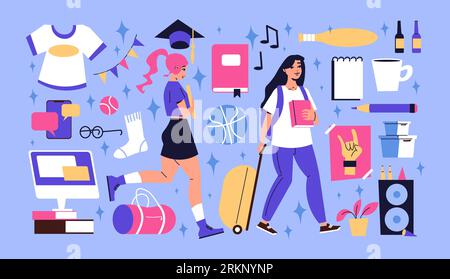 Student dormitory big set of young people household and clothes items and subjects for study flat vector illustration Stock Vector