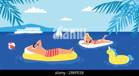 Happy couple floating on inflatable mattresses in sea on vacation flat vector illustration Stock Vector