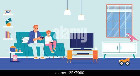 Father playing video game on tv with his son flat vector illustration Stock Vector