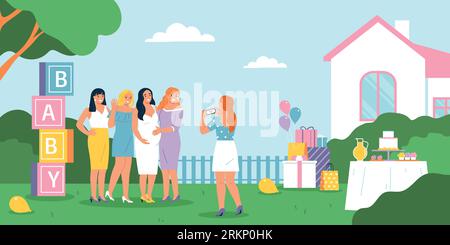 Outdoor baby shower party with happy expecting mother and her friends taking photos flat vector illustration Stock Vector