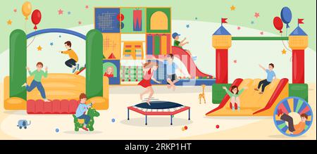 Jumping on trampoline composition with characters of children jumping on bouncy castles with festive balloons stars vector illustration Stock Vector