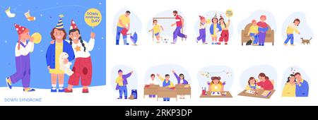 Downs syndrome flat composition set with down day celebrations and variety of skill development fun and education for children and teens vector illust Stock Vector