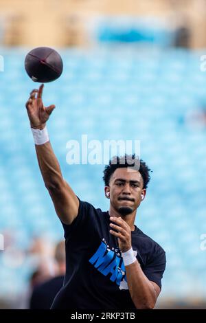 August 25, 2023: Carolina Panthers quarterback Bryce Young (9) warms up prior to the NFL matchup against the Detroit Lions in Charlotte, NC. (Scott Kinser/Cal Sport Media) Stock Photo