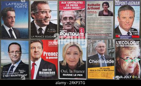 Bildnummer: 57885704  Datum: 10.04.2012  Copyright: imago/Xinhua (120410) -- PARIS, April 10, 2012 (Xinhua) -- A combined photo shows election campaign posters for candidates in the French presidential election: (top from L to R) Nicolas Sarkozy, France s President and the Union for a Popular Movement (UMP) candidate, Francois Bayrou, Democratic Movement (Modem) candidate, Philippe Poutou, Anti-Capitalist Party (NPA), Nathalie Arthaud, Lutte Ouvriere candidate, Nicolas Dupont-Aignan, Debout La Republique group candidate, (bottom from L to R) Francois Hollande, Socialist Party candidate, Jean-L Stock Photo