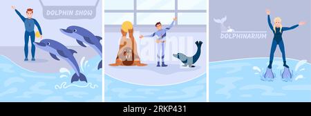 Dolphinarium show flat set with female and male handlers and performing sea animals isolated vector illustration Stock Vector